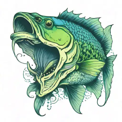 blue and green bass fish with hook and lure in mouth tattoo design idea