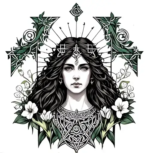 Celtic Goddess, Rhiannon. surrounded by gates and daffodils tattoo design idea