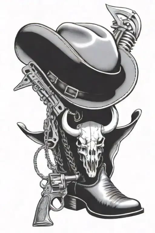 bull skull, cowboy hat, barbwire, revolver, cowboy boots tattoo design idea