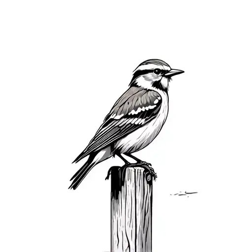 A black and gray fine-line tattoo design of a Western Meadowlark perched on an old weathered fence post in the prairie.  tattoo design idea