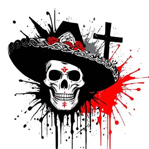skull mariachi with cross in the background tattoo design idea