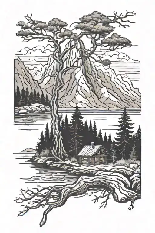 norwegian fjords with pine trees tattoo design idea