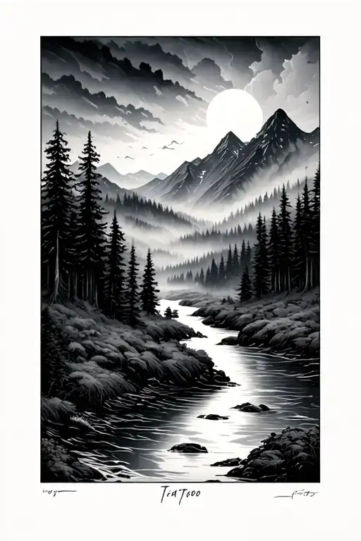 theme with dramatic sky, little mountains far away; dark, foggy forrest but not with big trees; a river flowing down  tattoo design idea