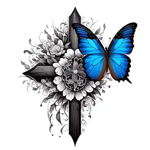 blue butterfly on side of cross tattoo tattoo design idea