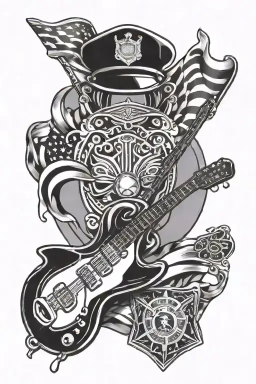 music and a racing flag intertwined with a police badge  tattoo design idea
