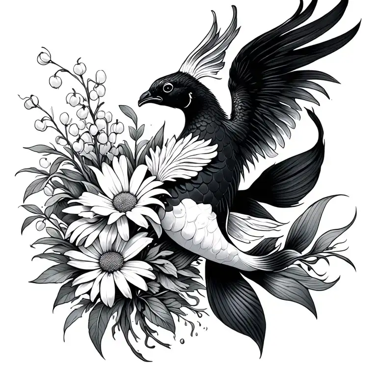  out of water black white koi Transformung into phoenix, bouquet with an aster, a daisy, a lily of the valley tattoo design idea