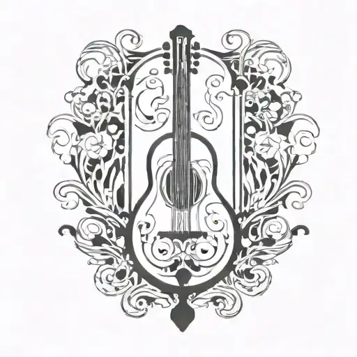 lyre with a broken string, covered with stickers tattoo design idea
