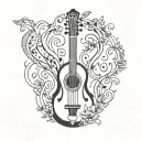 lyre with a broken string, covered with stickers tattoo design idea