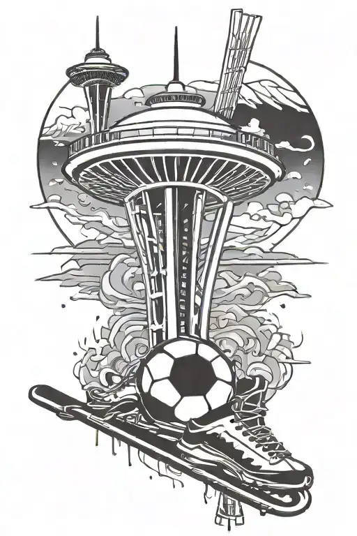 Seattle space needle with ice hockey sticks for legs tattoo design idea