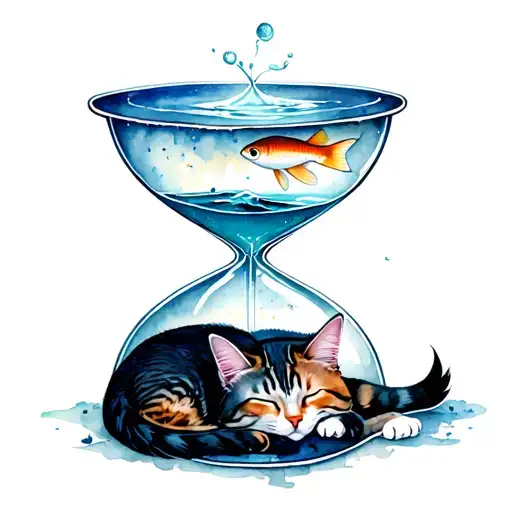 cat sleeping in bottom section of hourglass and water and fush in upper section tattoo design idea