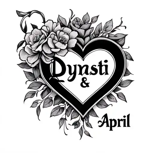 "Dynasti & April" name in shape of heart tattoo design idea