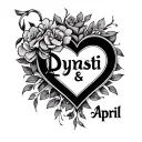 "Dynasti & April" name in shape of heart tattoo design idea