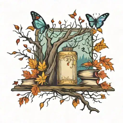 fall leaves, books, weeping willow, butterflies flying around a tree tattoo design idea