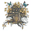 fall leaves, books, weeping willow, butterflies flying around a tree tattoo design idea