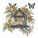 fall leaves, books, weeping willow, butterflies flying around a tree tattoo design idea