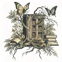 fall leaves, books, weeping willow, butterflies flying around a tree tattoo design idea