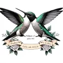 Two hummingbirds facing different directions w banners that read Phillipan 4:13 and psalms 46:5 Callie Lillies & roses tattoo design idea