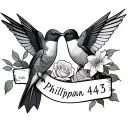 Two hummingbirds facing different directions w banners that read Phillipan 4:13 and psalms 46:5 Callie Lillies & roses tattoo design idea