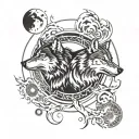 two wolves chasing the sun and moon surrounded tattoo design idea