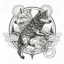 two wolves chasing the sun and moon surrounded tattoo design idea