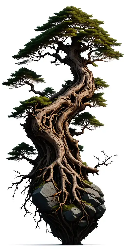 tall LEAFLESS bonsai tree many branches and twigs rough bark roots gripping rocks tattoo design idea