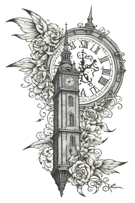 clock tower surrounded by bible verse tattoo design idea