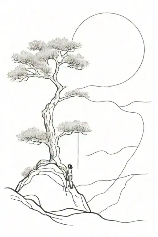 olive tree on the edge of the cliff with girl on a swing tattoo design idea
