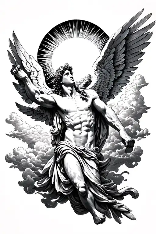 generate a arm tattoo of icarus from greek mythology falling through the clouds with the sun in the backround with the q tattoo design idea