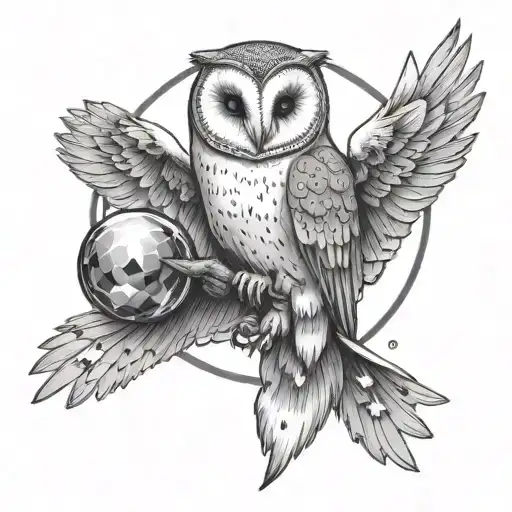 barn owl holding a crystal ball with the text "I move the stars for no one" tattoo design idea