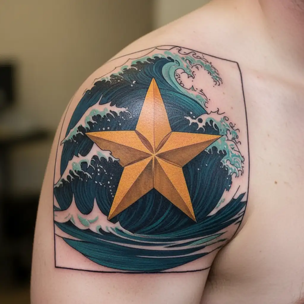 nautical star and waves forming tattoo design idea