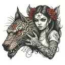 a girl soothing a snarling beast with red eyes tattoo design idea
