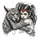 a girl soothing a snarling beast with red eyes tattoo design idea