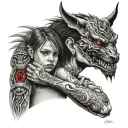 a girl soothing a snarling beast with red eyes tattoo design idea