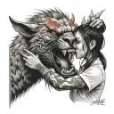 a girl soothing a snarling beast with red eyes tattoo design idea