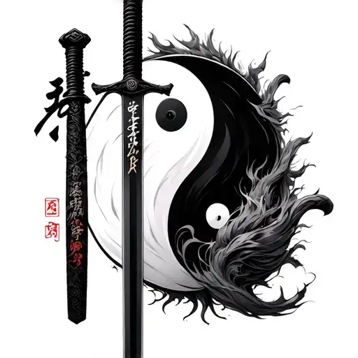 a katana with yin and Yang with 不屈 written vertically tattoo design idea