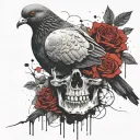 pigeon sitting on skull with roses tattoo design idea