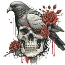 pigeon sitting on skull with roses tattoo design idea