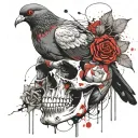 pigeon sitting on skull with roses tattoo design idea