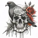 pigeon sitting on skull with roses tattoo design idea
