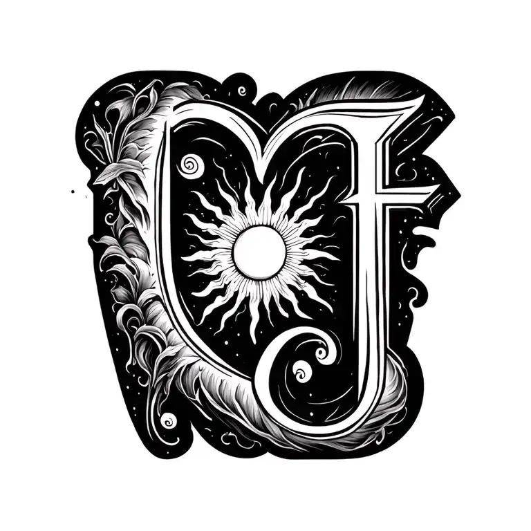heart sun shining e t c letters tattoo design idea