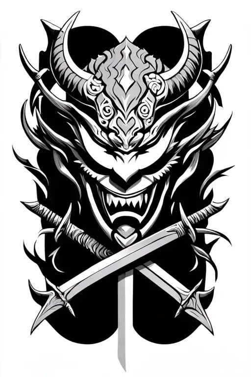 Oni mask with swords going vertical tattoo design idea