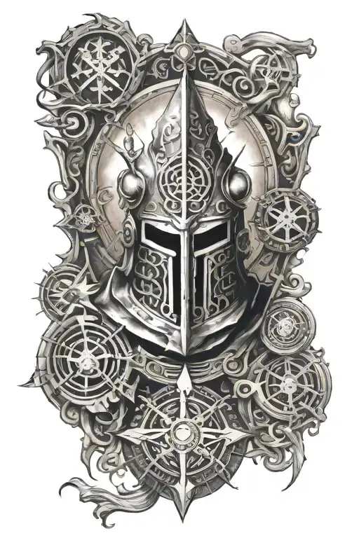 A tattoo design featuring a ghostly knight Templar surrounded by mysterious symbols and the all-seeing eye tattoo design idea