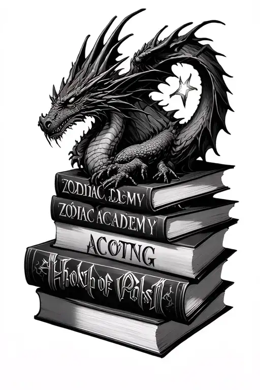 stack of books with Harry Potter, zodiac academy, ACOTAR, Fourth Wing, Throne of Glass with dragons and magic coming out tattoo design idea