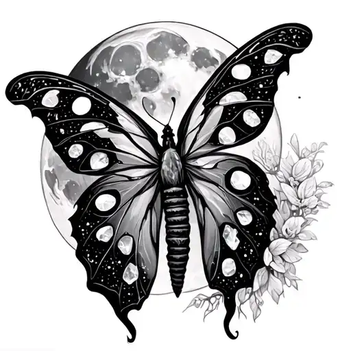 lunar moth, crystals growing and moon phases intertwined tattoo design idea