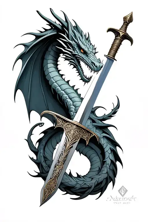 Dragon that surrounds a Viking pattern sword tattoo design idea