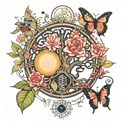 tree of life with cherry blossom roses sun moon date astro sign butterfly lotus flower lily tattoo design idea