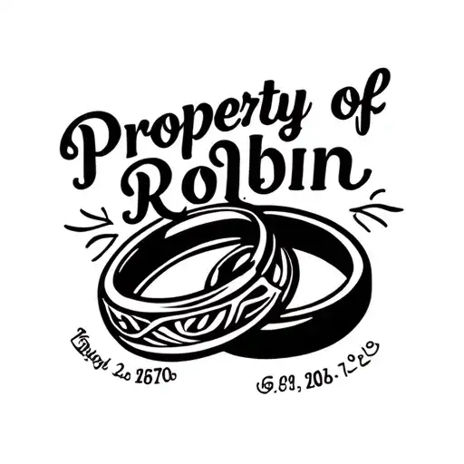 "Property of Robin" name with wedding rings and date tattoo design idea