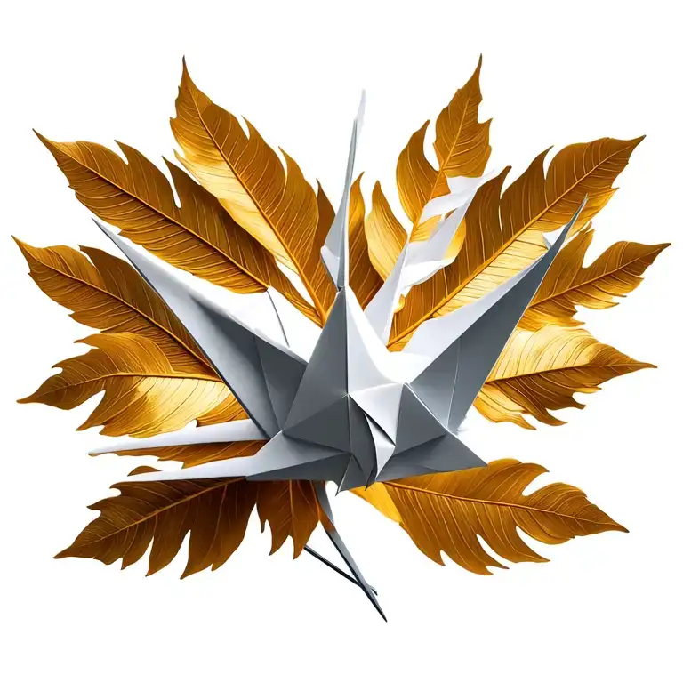 origami cranes resting on Greek leafs tattoo design idea