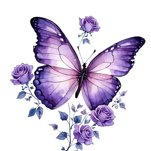 purple butterfly and roses tattoo design idea
