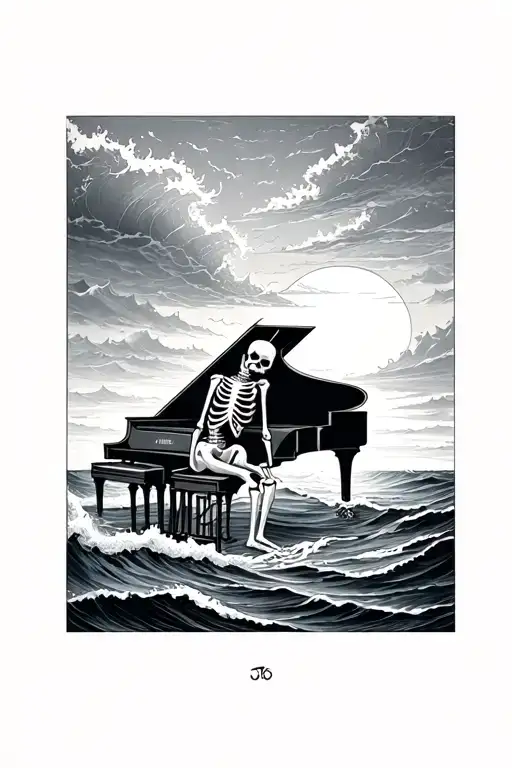 skeleton sitting at a piano in the ocean. look sad. music notes, sunset waves, many details, memento mori  tattoo design idea
